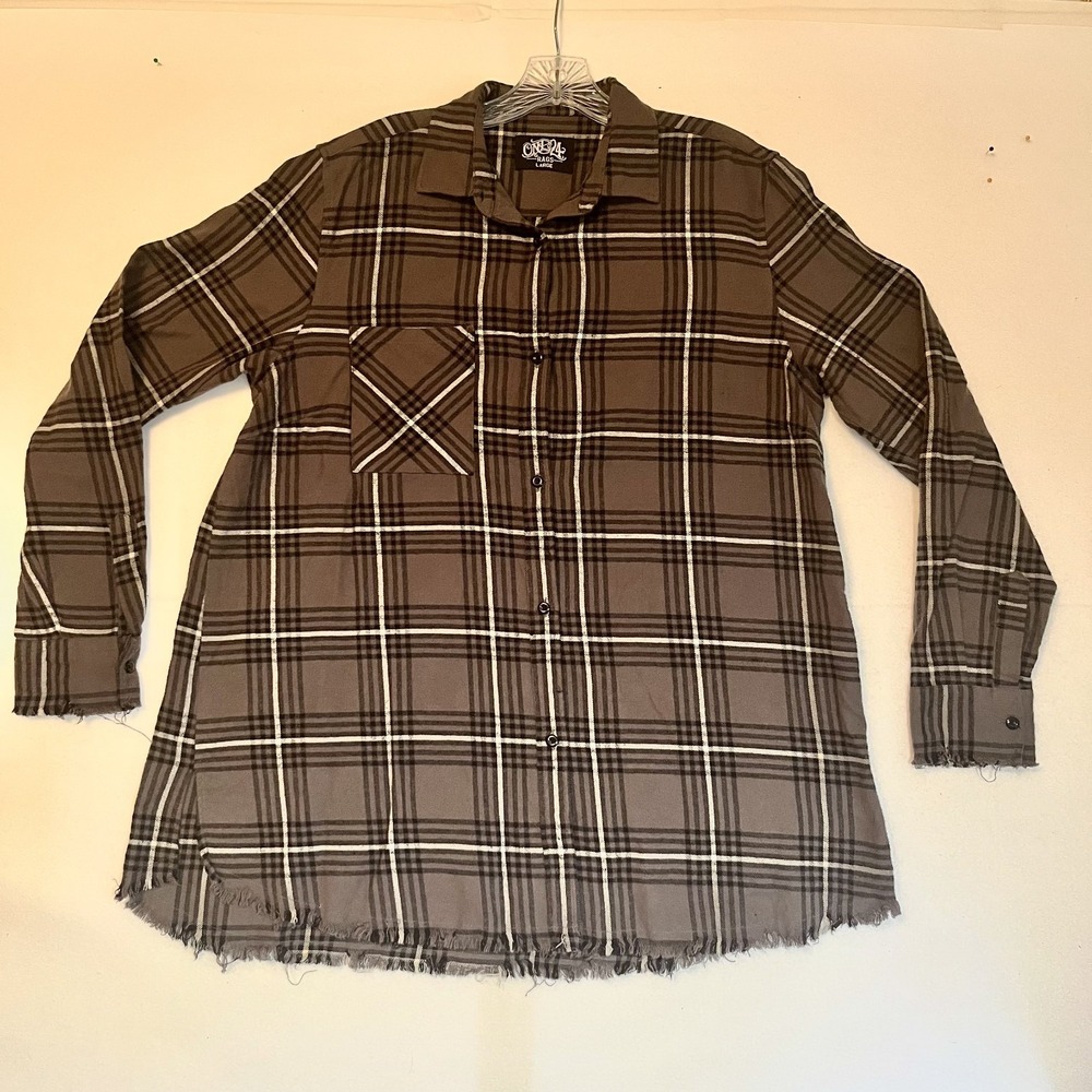 One 24 Rags Gray Plaid Frayed Hem Button Down Flannel Shirt Womens Large
